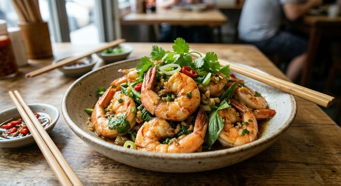 Sesame Oil Stir-Fried Local Prawns with Fresh Herbs