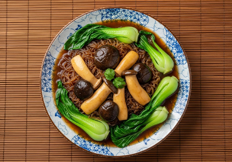 Braised King Oyster Mushrooms and Bok Choy with Glass Noodles in Fermented Red Bean Curd Sauce