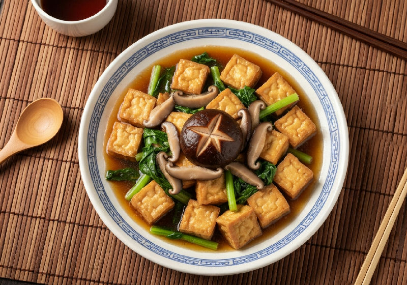 Braised Five-Spice Tofu with Shiitake Mushrooms and Seasonal Greens