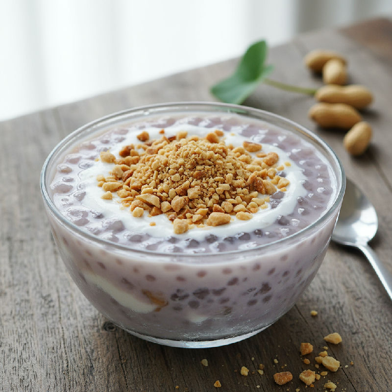 Taro and Coconut Milk Pudding with Crystal Pearls and Crushed Peanuts