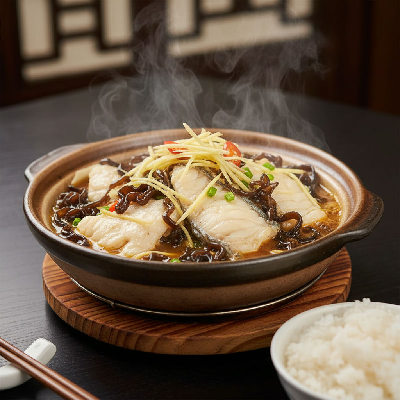 Braised Rock Cod Fillet with Wood Ear Mushrooms and Ginger