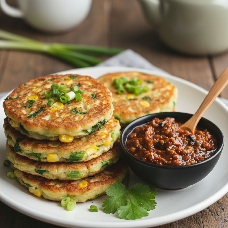 Spring Vegetable and Corn Pancakes with Vegetarian XO Sauce
