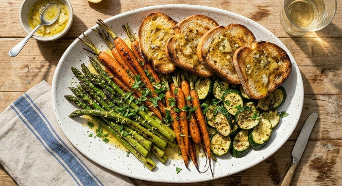 Mediterranean Roasted Spring Vegetables with Lemon Toast and Anchovy Butter