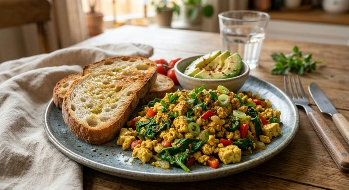 High-Protein Scrambled Tofu with Spinach and Sourdough