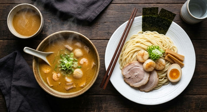 Dipping Noodles with Pork Bone and Seafood Broth