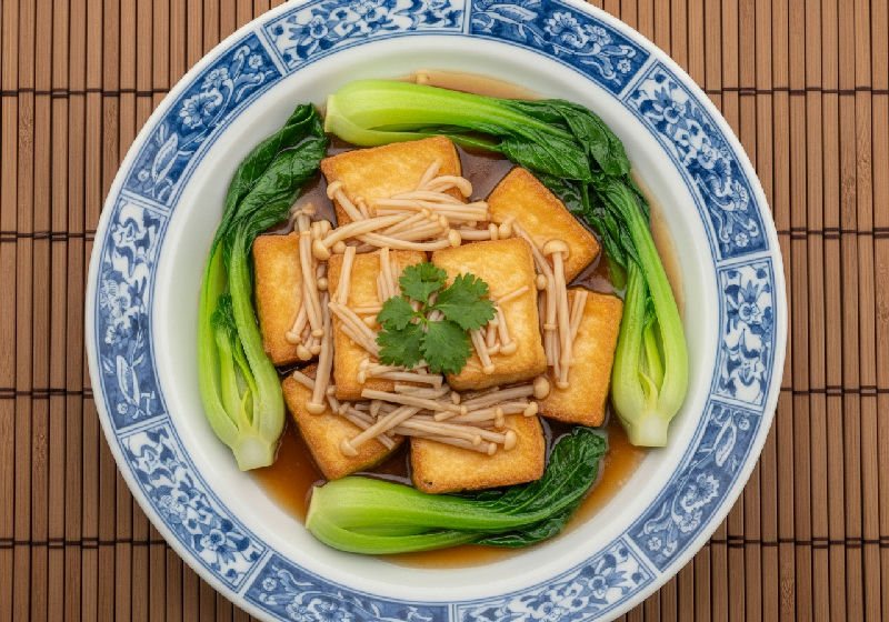Braised Firm Tofu with Enoki Mushrooms and Yu Choy in Vegetarian Oyster Sauce