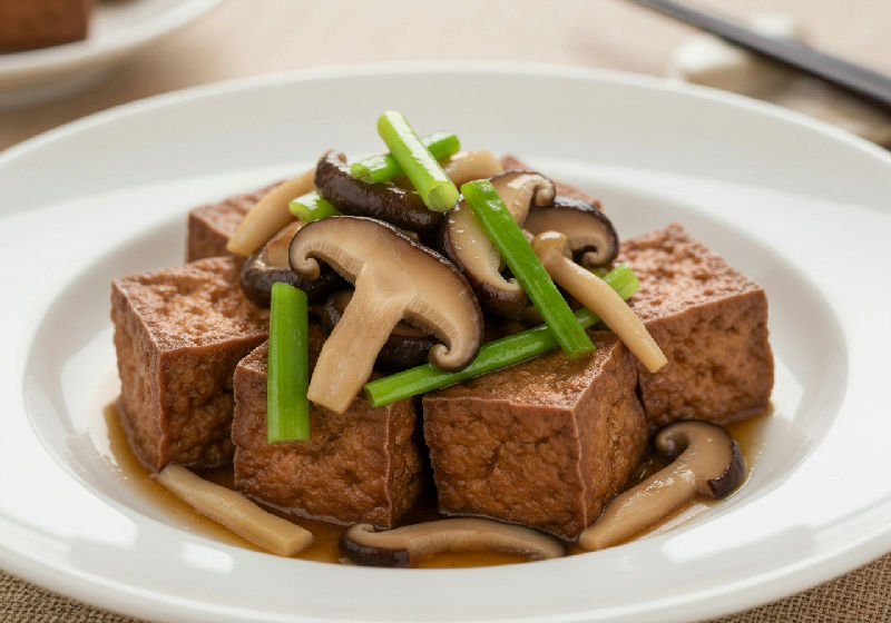 Braised Tofu with Shiitake Mushrooms and Bamboo Pith