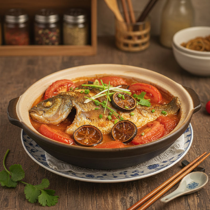 Braised Pomfret with Tomatoes and Preserved Plums