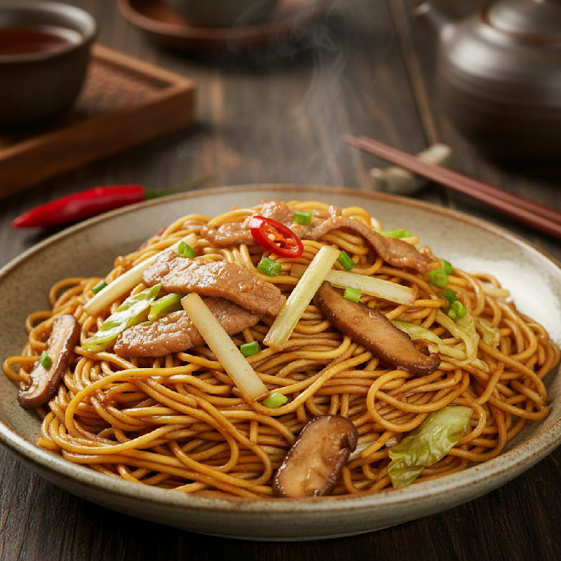 Stir-fried Egg Noodles with Shredded Pork and Yellow Chives