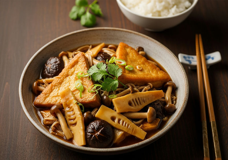 Braised Tofu with Assorted Mushrooms and Bamboo Shoots in Vegetarian Oyster Sauce