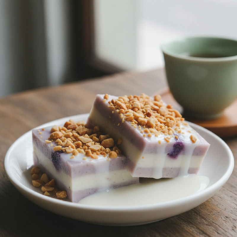 Taro and Coconut Milk Pudding with Crushed Peanuts