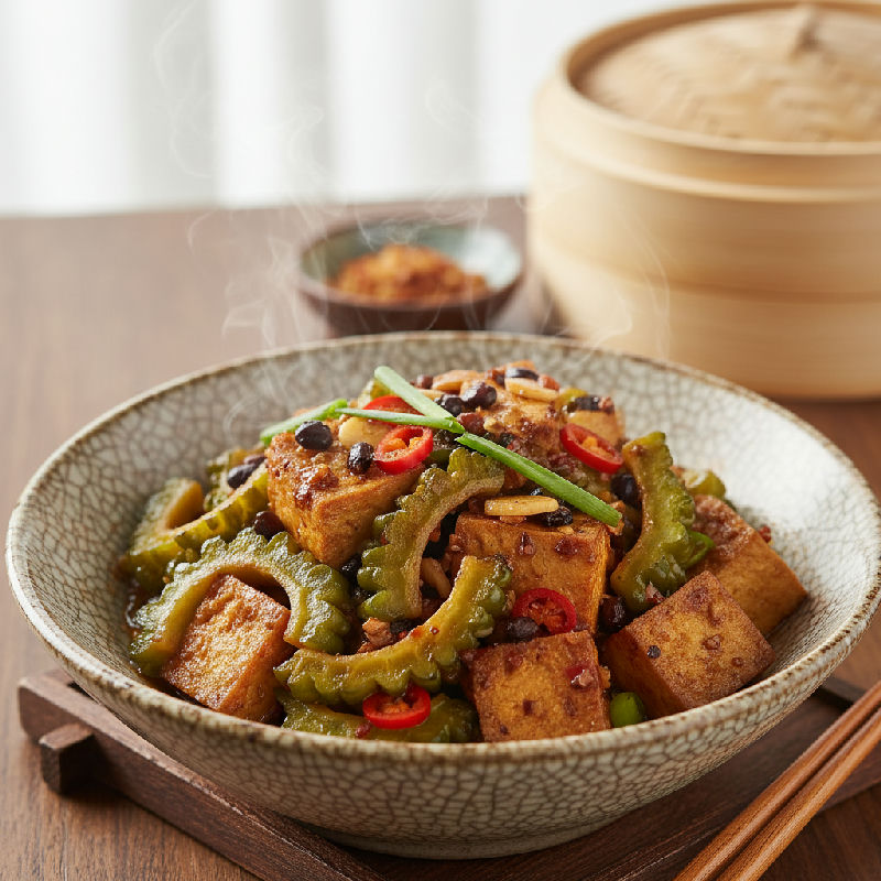 Braised Bitter Melon and Tofu Puffs with Fermented Black Beans