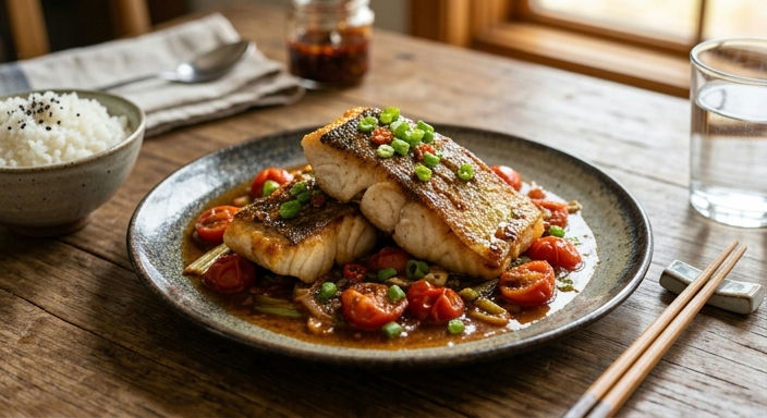 Pan-fried Cod with Tomato, Soy and Scallion Oil