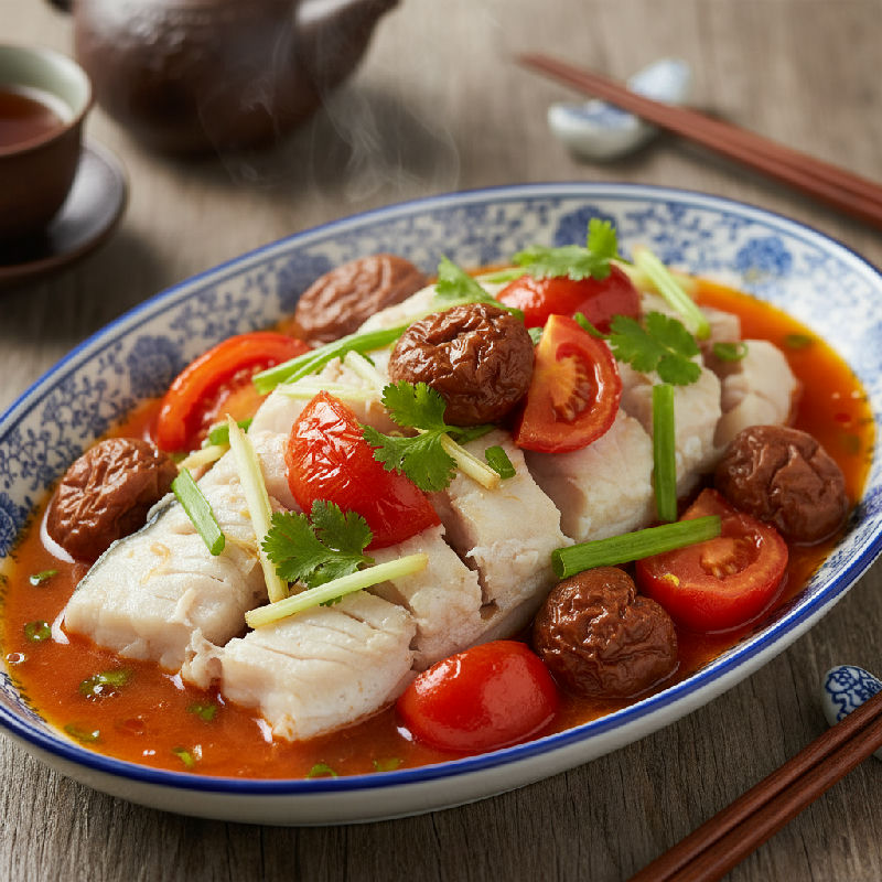 Steamed Fish Belly with Salted Plums and Tomato