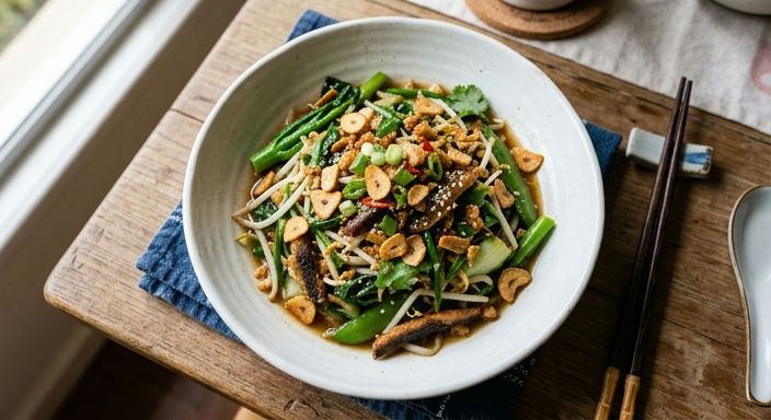 Stir-fried Spring Vegetables with Bean Sprouts, Crispy Garlic and Salted Fish