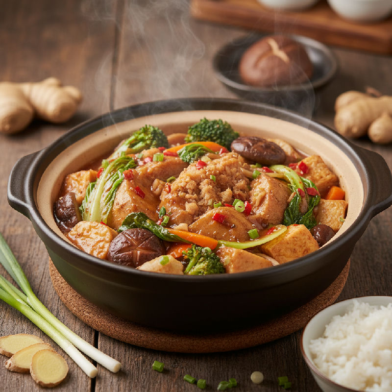 Braised Fermented Red Bean Curd with Taro and Mixed Vegetables