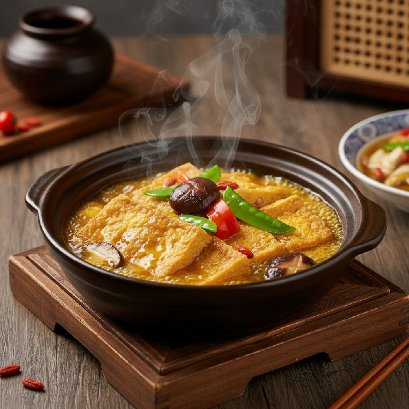 Braised Egg Tofu with Minced Mushroom and Peas