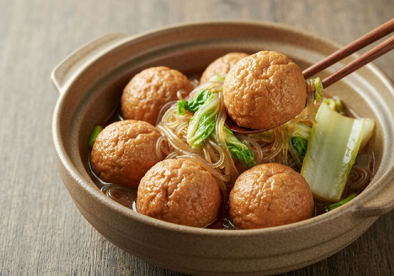 Braised Tofu Puffs with Glass Noodles and Napa Cabbage