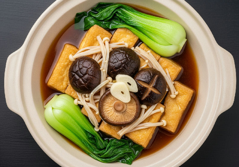 Braised Egg Tofu with Assorted Mushrooms and Seasonal Greens