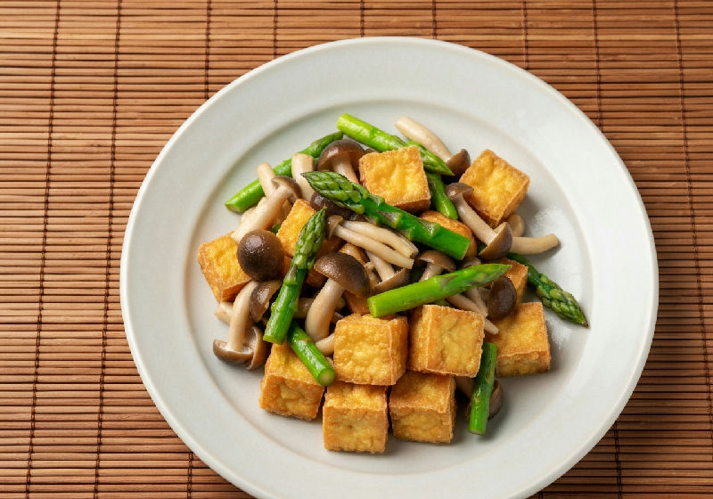 Stir-fried Mixed Mushrooms and Asparagus with Crispy Fried Tofu
