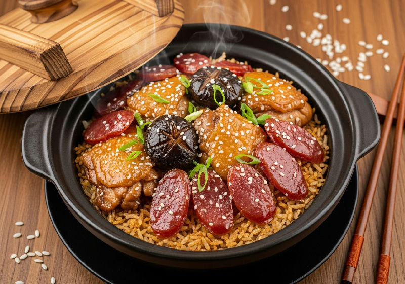 Claypot Chicken with Chinese Mushrooms and Chinese Sausage Rice