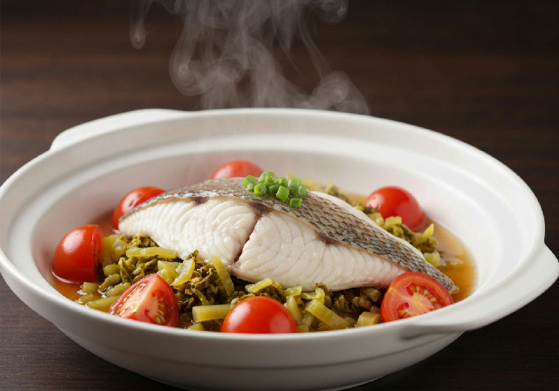 Steamed Fish Fillet with Pickled Mustard Greens and Tomatoes