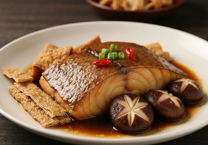 Braised Rock Cod Fillet with Dried Tofu Skin and Shiitake Mushrooms