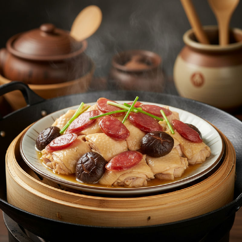 Steamed Chicken Thigh with Chinese Sausage and Mushrooms