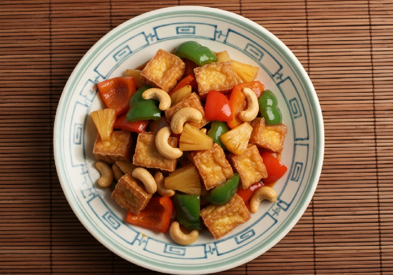 Stir-fried Crispy Tofu with Bell Peppers and Cashew Nuts in Sweet and Sour Sauce
