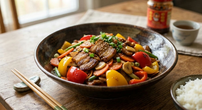 Stir-fried Pork Belly with Colourful Peppers and Carrots
