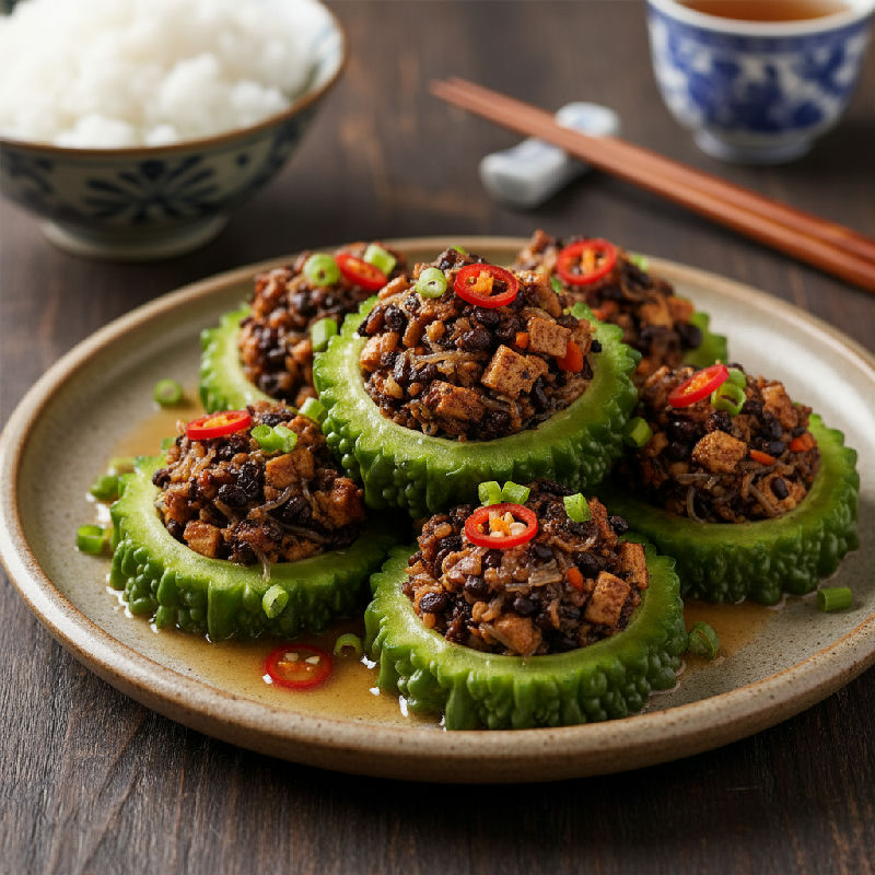 Steamed Stuffed Bitter Melon with Vegetarian Mince in Black Bean Sauce