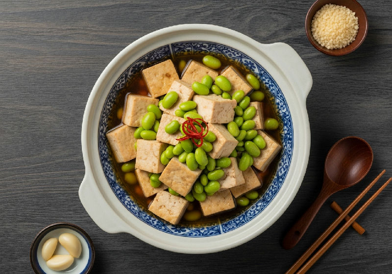 Braised Silken Tofu with Edamame and Preserved Turnip