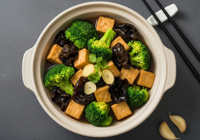 Braised Firm Tofu with Broccoli and Black Fungus in Ginger Soy Sauce