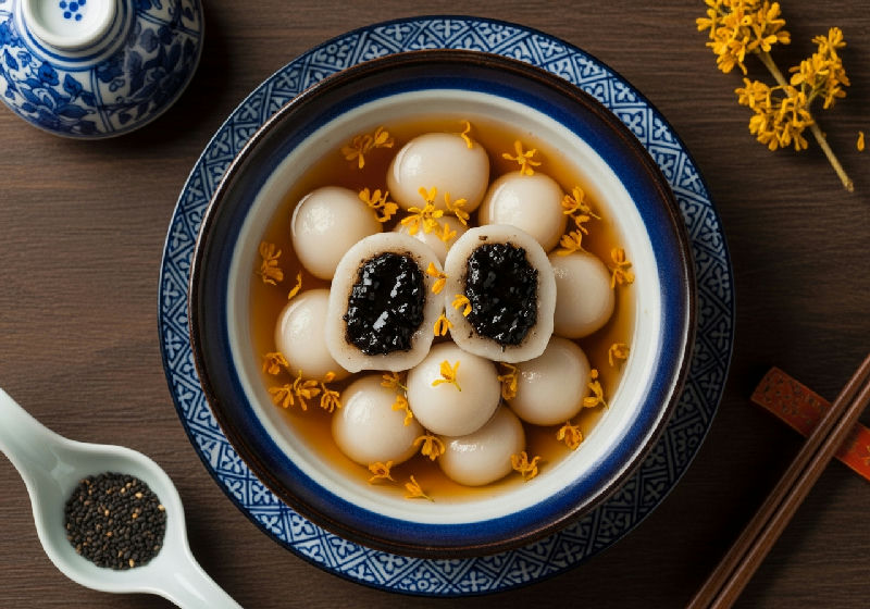 Black Sesame Glutinous Rice Dumplings in Osmanthus Ginger Syrup