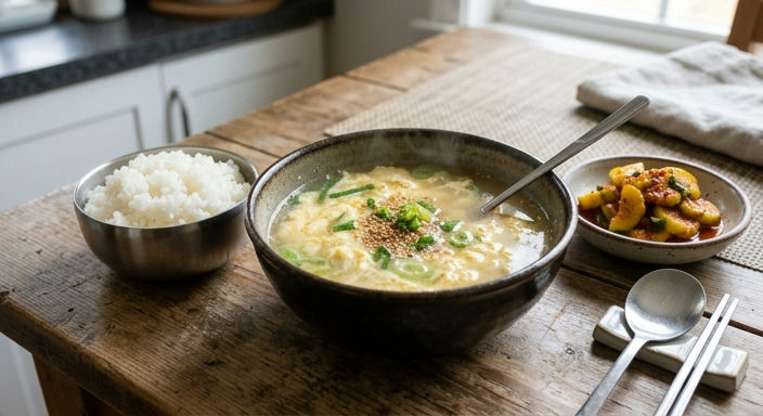 Korean Egg Drop Soup with Rice and Cucumber Kimchi