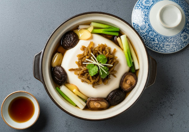 Steamed Silken Tofu with Preserved Olive Vegetables and Shiitake Mushrooms