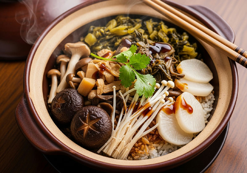 Claypot Rice with Assorted Mushrooms and Preserved Vegetables