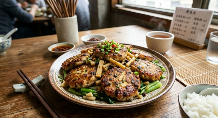Pan-fried Fish Cake with Spring Bamboo Shoots and Fermented Black Beans