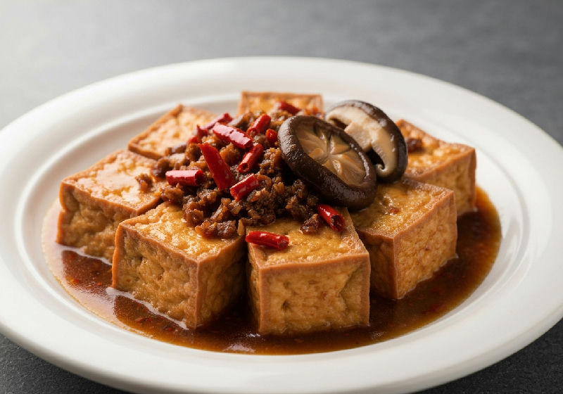 Braised Firm Tofu with Preserved Szechuan Vegetable and Shiitake Mushrooms