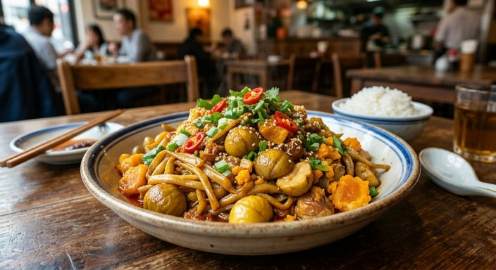 Salted Egg Yolk, Golden Needle Mushroom and Chestnut XO Sauce Stir-fry