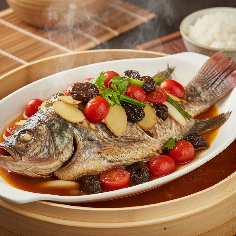 Steamed Whole Tilapia with Pickled Plums and Tomatoes