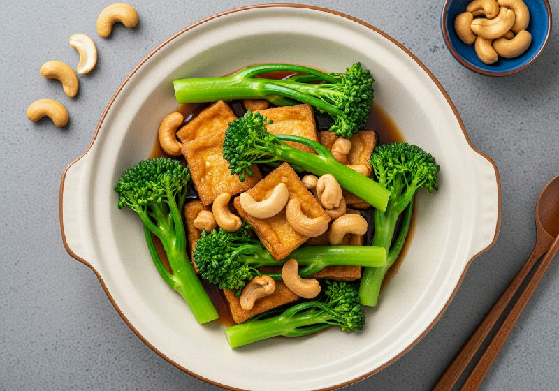 Stir-fried Firm Tofu with Gai Lan and Cashew Nuts in Fermented Bean Curd Sauce