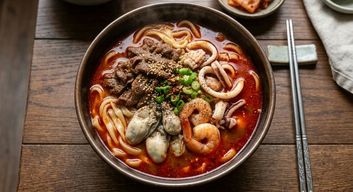 Busan Spicy Red Soup Seafood Knife-Cut Noodles with Korean Beef and Oysters