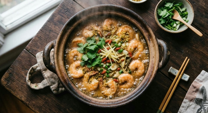 Clay Pot Prawns with Osmanthus Flower and Huadiao Wine