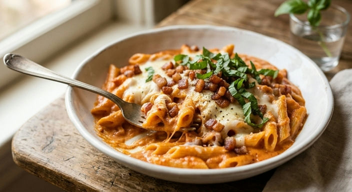 Tomato and Mozzarella Pasta with Fresh Basil and Pancetta