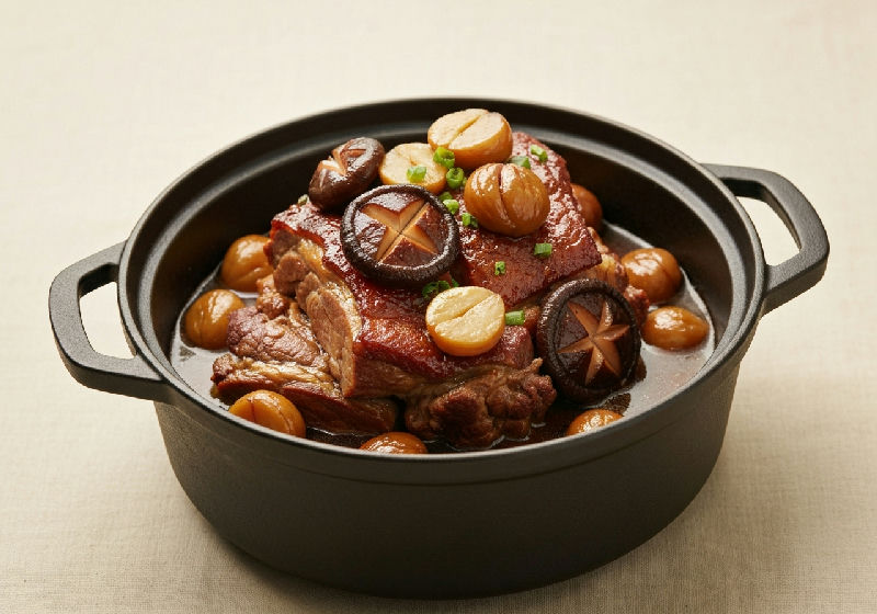 Braised Pork Shoulder Roast with Dried Shiitake Mushrooms and Chestnuts