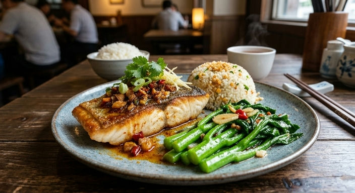Pan-Seared Barramundi with XO Chilli Oil, Stir-Fried Gai Lan and Crispy Garlic Rice