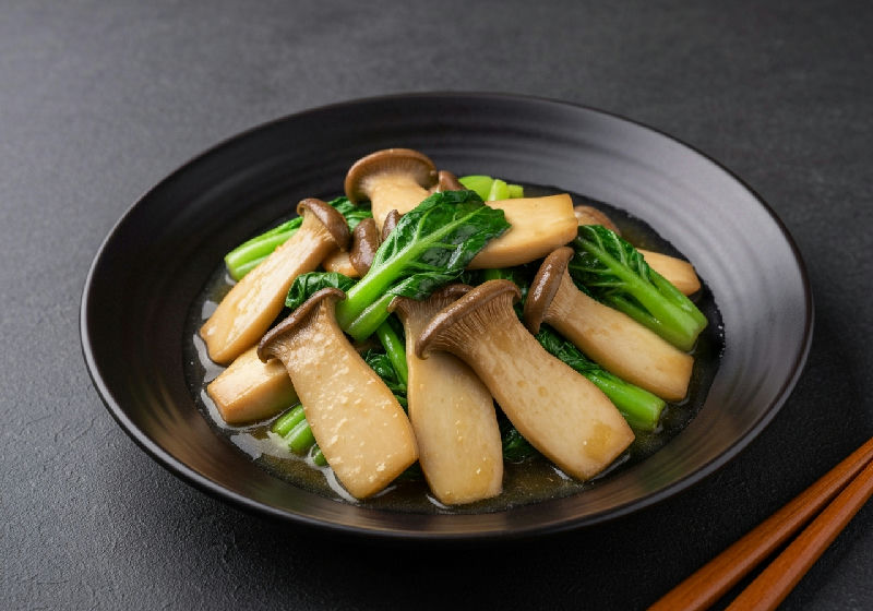 Stir-fried King Oyster Mushrooms with Seasonal Greens in Garlic Sauce