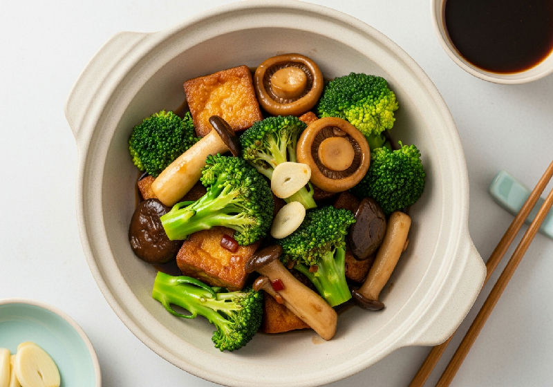 Stir-fried Crispy Tofu with Black Bean Sauce, Broccoli, and King Oyster Mushrooms