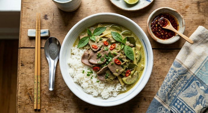 Beef Tongue Green Curry Rice with Chili Sauce